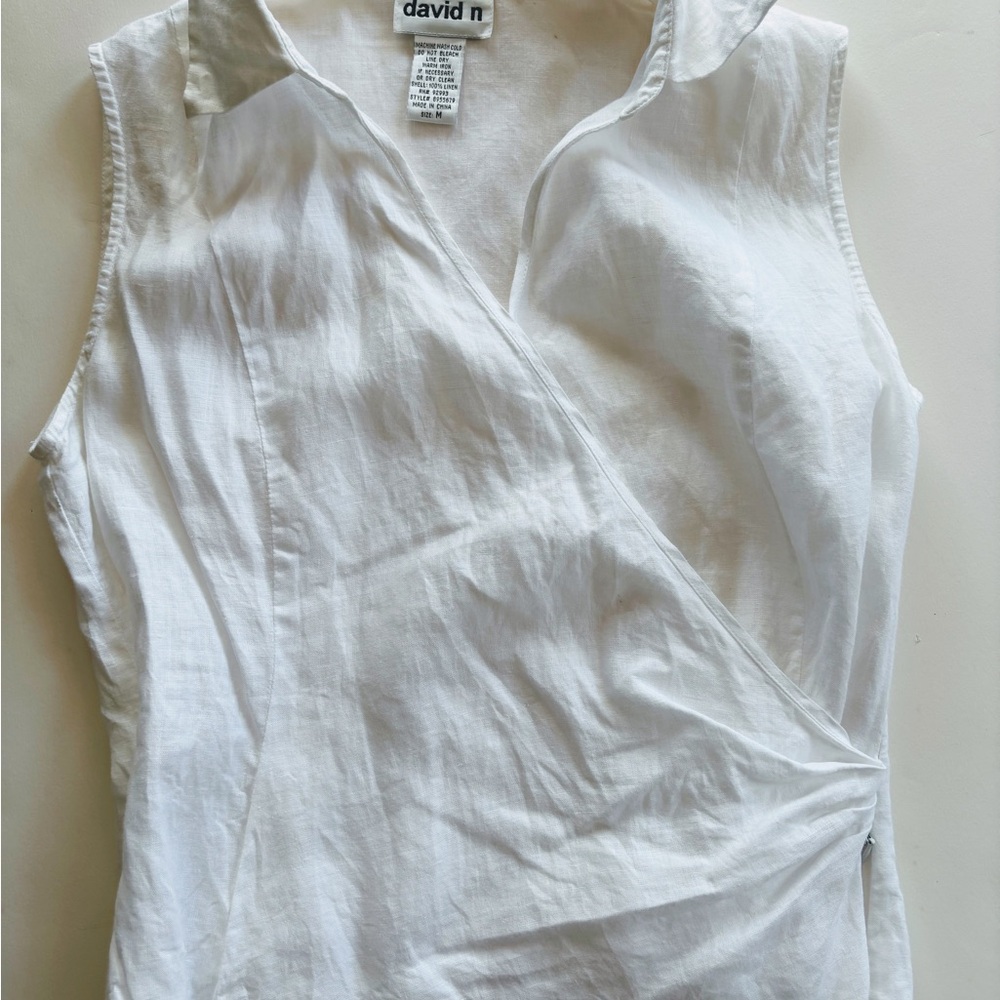 David N White Linen Sleeveless Wrap-Style Blouse